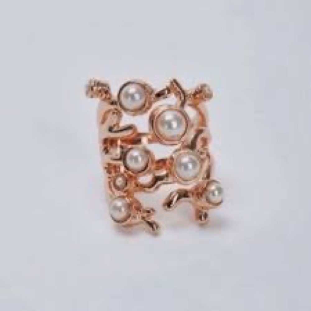 wild fox cocktail ring faux pearls 18k rose gold plated size 8